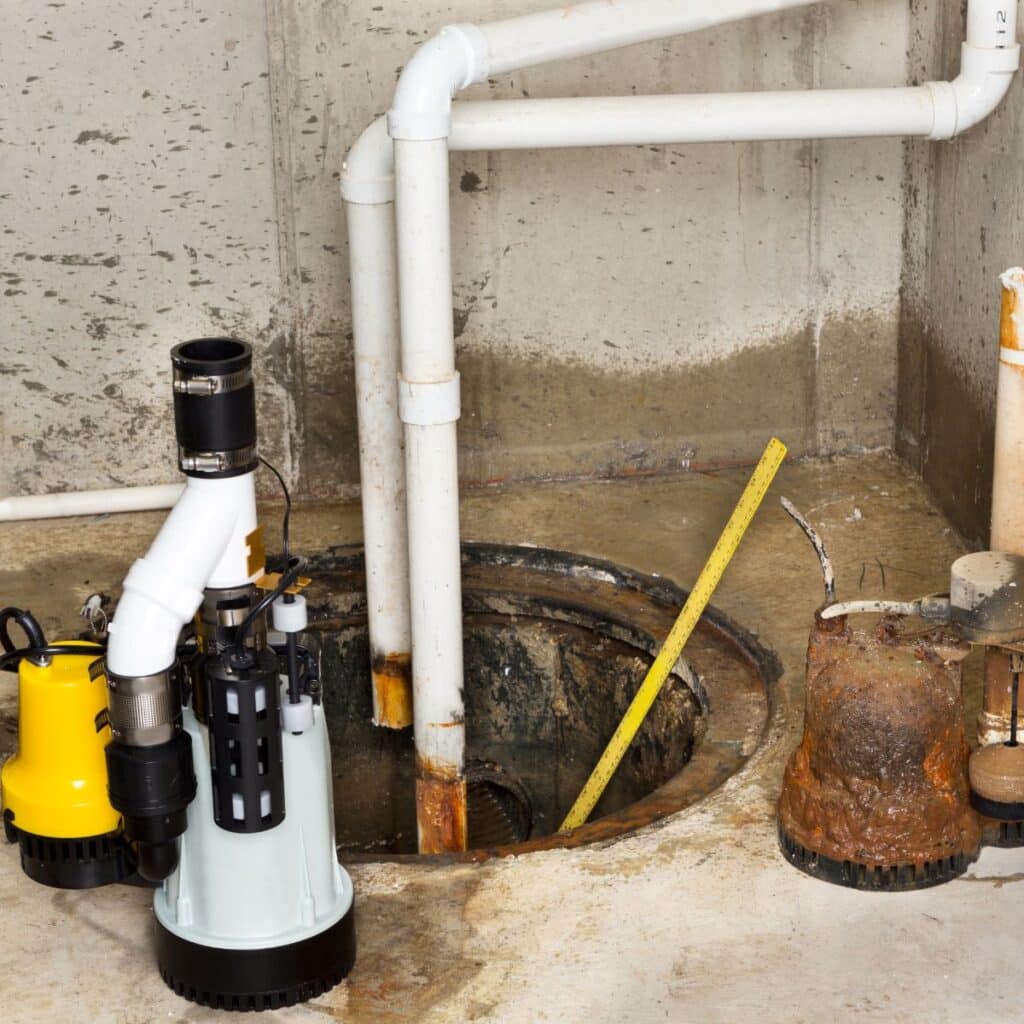 A sump pit in a concrete basement area with visible piping and two sump pumps, one being a backup unit. A yellow ruler stands in the pit for scale, next to an old, corroded pump that seems to have been replaced. The scene suggests maintenance or upgrade work on home flood prevention systems