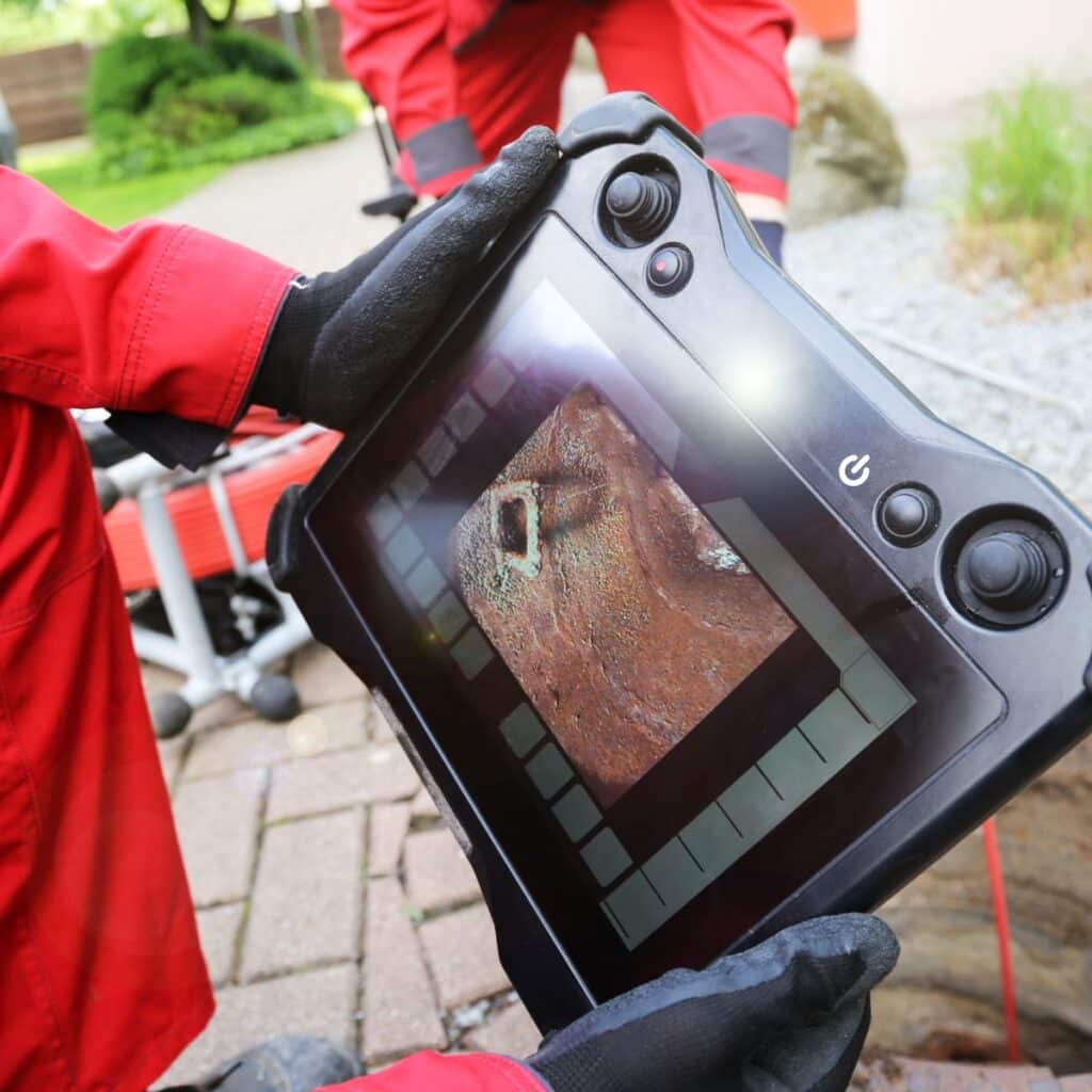 closeup of a screen showing a plumbing inspection happening with a camera