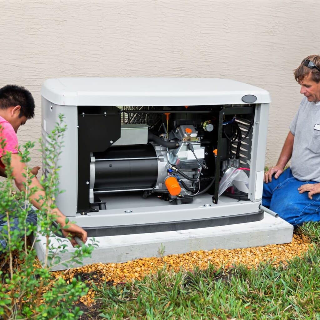 Two technicians are servicing a large, open standby generator outside a home. The intricate internal components of the generator are visible as they work, highlighting the complexity of such machinery and the attention to detail required in its maintenance