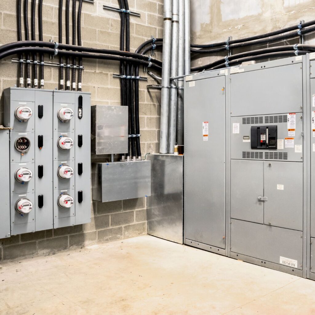 An industrial electrical room featuring large metal electrical panels with multiple gauges and conduits. The setup includes organized black electrical conduits running along the concrete block wall, leading to the electrical equipment. This room appears to be a control center for managing electrical supply in a commercial or industrial building