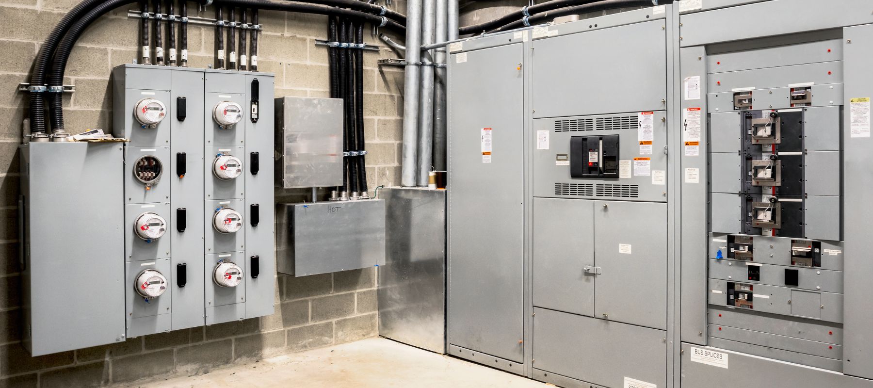 An industrial electrical room featuring large metal electrical panels with multiple gauges and conduits. The setup includes organized black electrical conduits running along the concrete block wall, leading to the electrical equipment. This room appears to be a control center for managing electrical supply in a commercial or industrial building