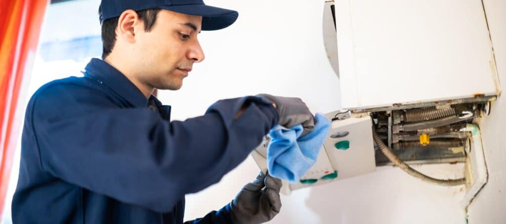 A maintenance worker in a dark blue uniform and cap is carefully wiping or inspecting a piece of equipment with a blue cloth. His attention is focused on the task, and he's wearing protective gloves, indicative of professional care and safety measures. The environment suggests a service or cleaning process is taking place, possibly as routine maintenance, Technician performing Heater Repair on a furnace inside a Catasauqua - PA home during winter
