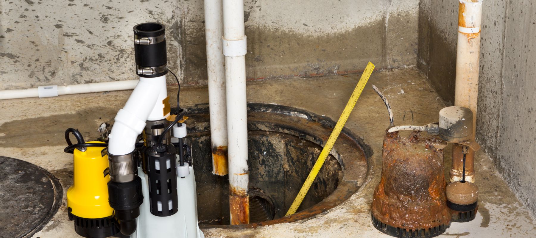 A sump pit in a concrete basement area with visible piping and two sump pumps, one being a backup unit. A yellow ruler stands in the pit for scale, next to an old, corroded pump that seems to have been replaced. The scene suggests maintenance or upgrade work on home flood prevention systems