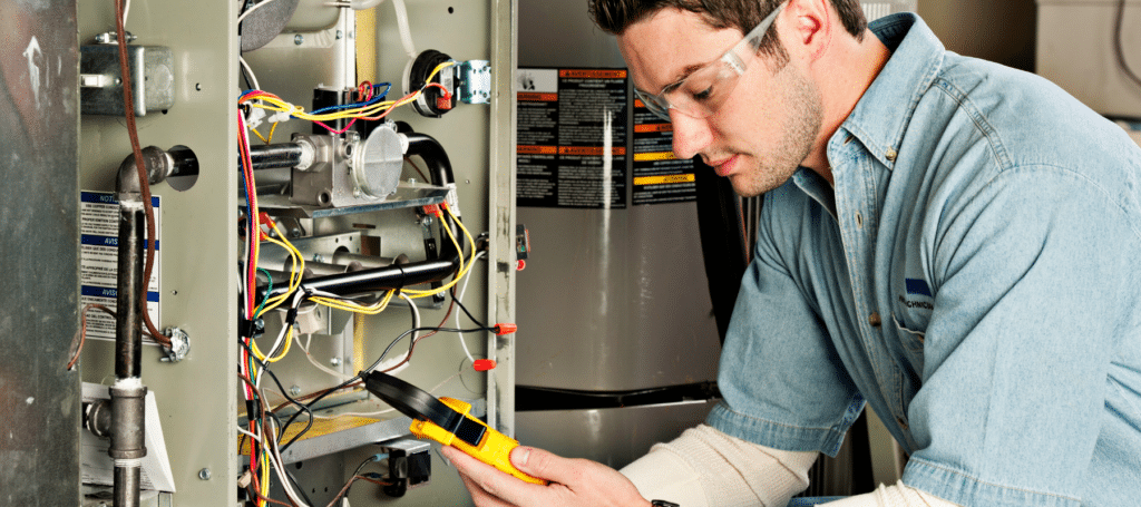 closeup of a technician checking a furnace, Certified HVAC technician inspecting system components with precision testing equipment, Experienced HVAC specialist testing airflow and system readings inside a utility room