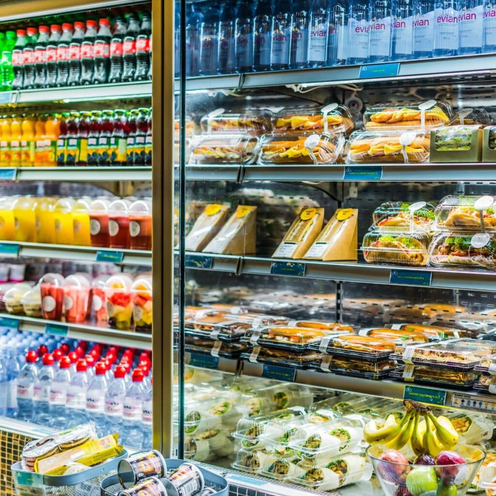 A commercial refrigerated display case is fully stocked with various pre-packaged sandwiches, salads, and drinks