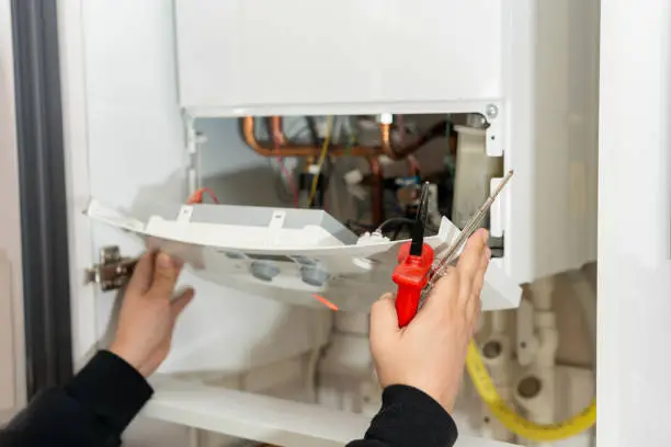 Heater Repair in Bethlehem - PA as a technician checks a furnace control panel in a basement